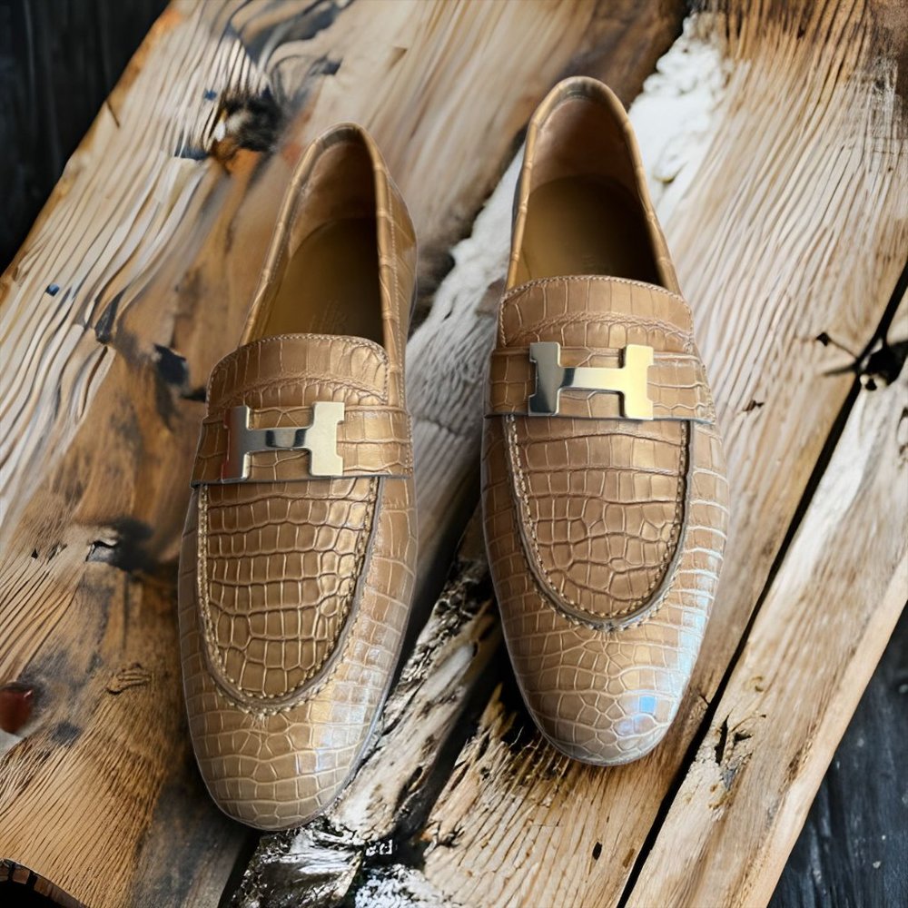Hermes Shiny Taupe Niloticus Crocodile Signature H Paris Loafer EU size 37 Shoe - Picture 4 of 10